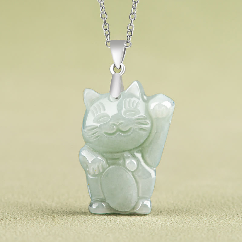 Jade Glückskatze Kette Silber Titanium Anhänger für Glück grün