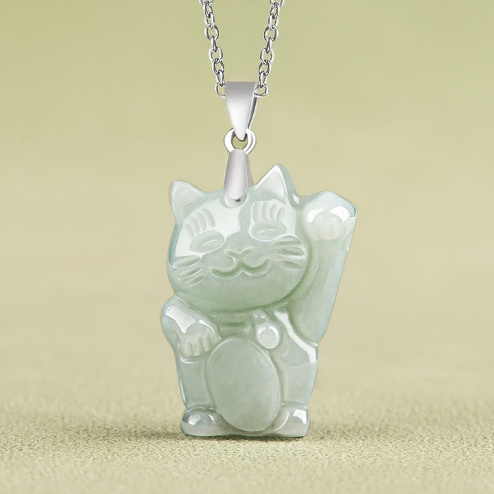 Jade Glückskatze Kette Silber Titanium Anhänger für Glück grün