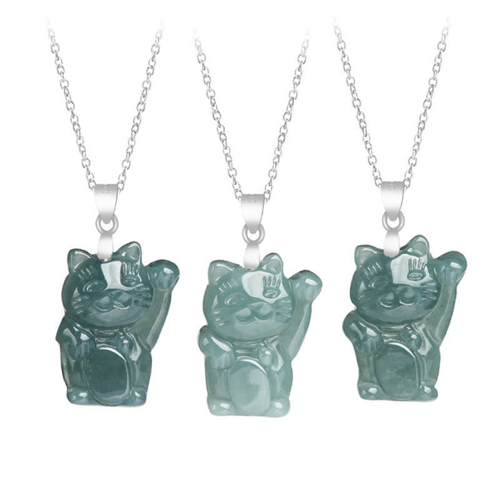 Jade Glückskatze Kette grüner Naturstein Anhänger Titanium Glück