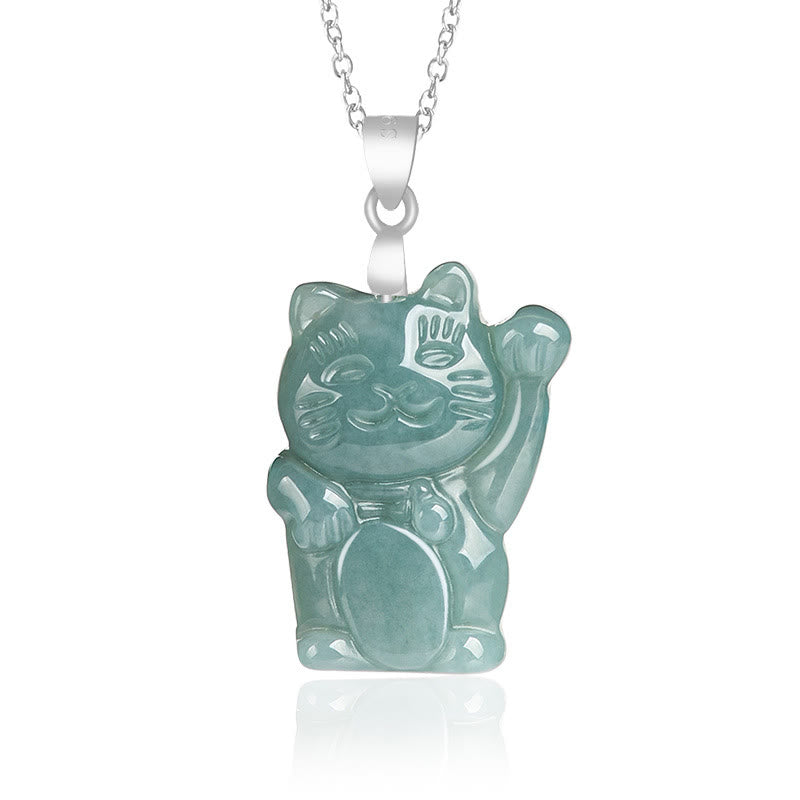 Jade Glückskatze Anhänger grüner Naturstein an silberner Titanium Kette