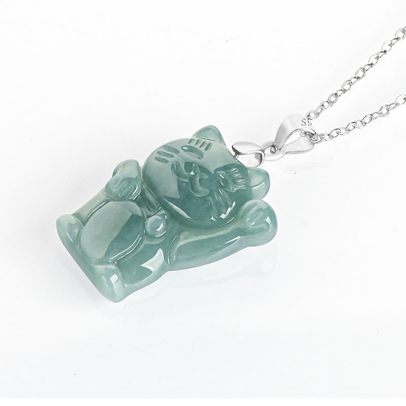 Grüne Jade Glückskatze Anhänger Titanium Kette Naturstein Glück