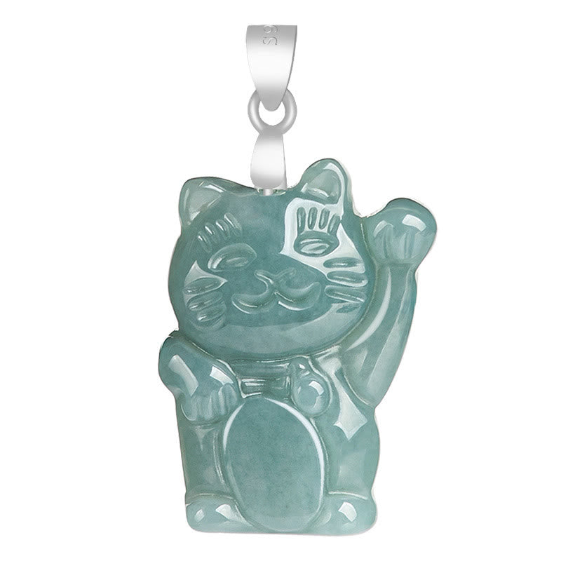 Grüne Jade Glückskatze Anhänger Naturstein Kette Titanium Glück