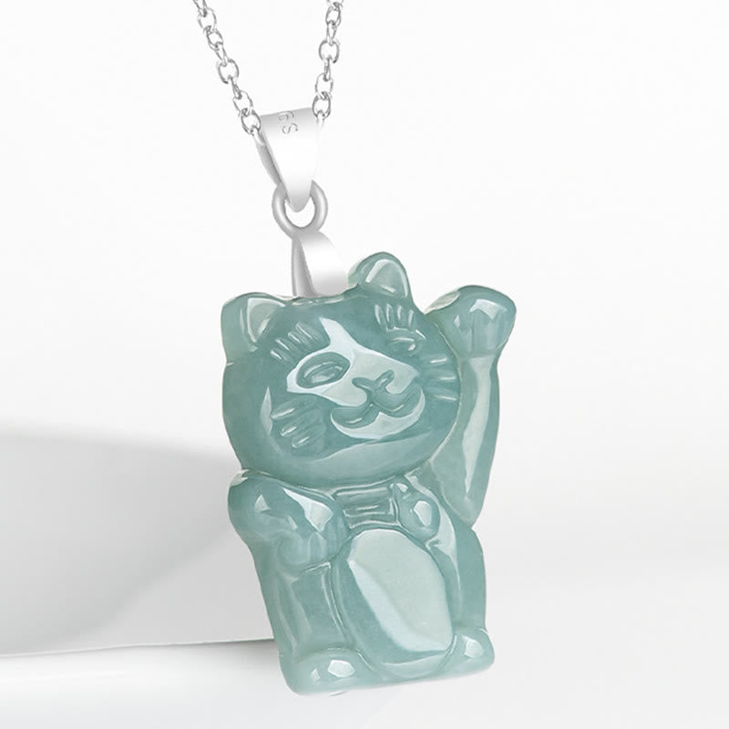 Grüne Jade Glückskatze Kette Titanium Anhänger Naturstein Natur Glück