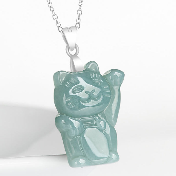 Grüne Jade Glückskatze Kette Titanium Anhänger Naturstein Natur Glück