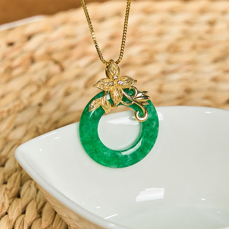 Grüne Jade Kette goldene Blume Schnalle Anhänger Heilung getragen