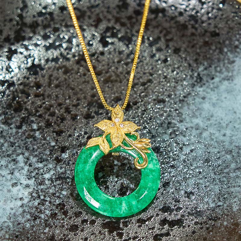 Grüne Jade Kette mit Blume Schnalle goldene Fassung Heilstein