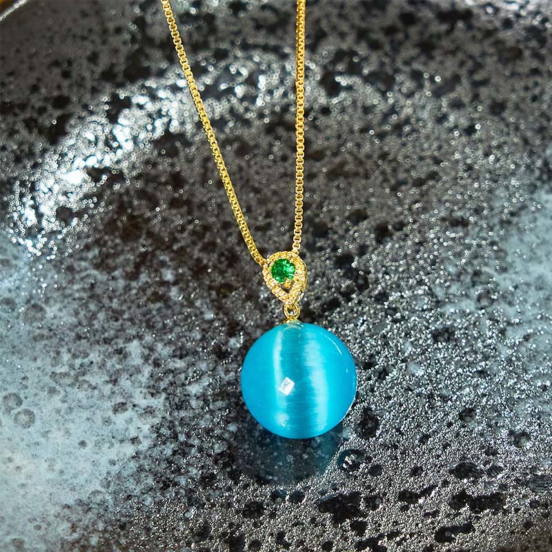 Blaue Kette Katzenauge Buddha-Kugel Anhänger Goldkette Schmuck
