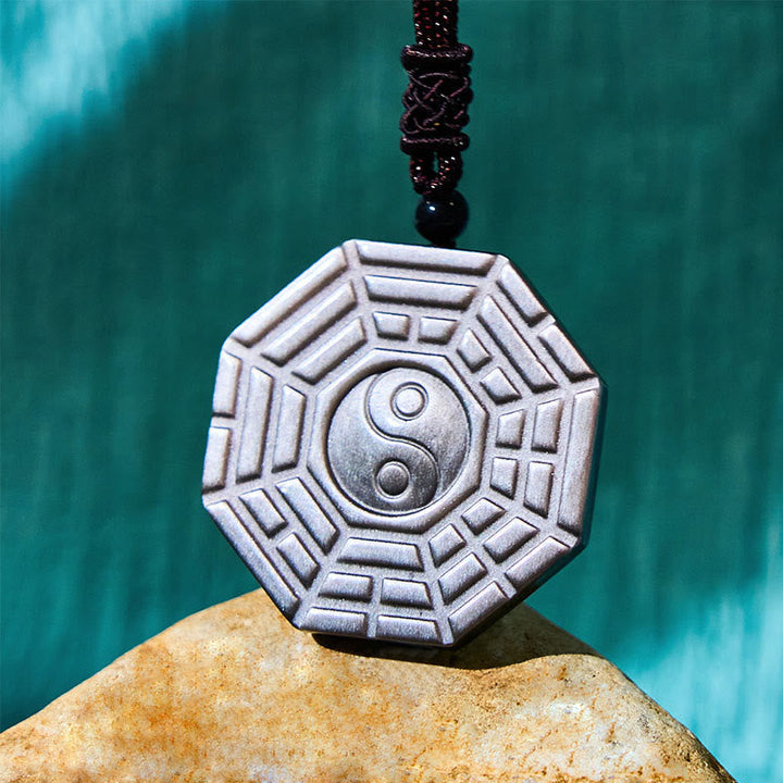 Bagua Yin Yang Kette Obsidian Schutz Anhänger geflochtene Schnur Naturstein