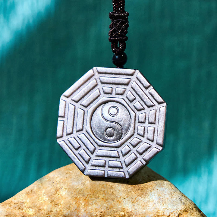 Kette Obsidian Bagua Yin Yang Anhänger schwarzer Naturstein Amulett Schutz