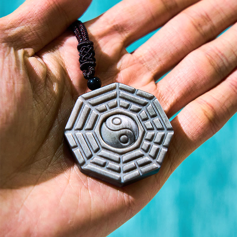 Obsidian Kette Bagua Yin Yang Anhänger schwarzer Naturstein Schutz
