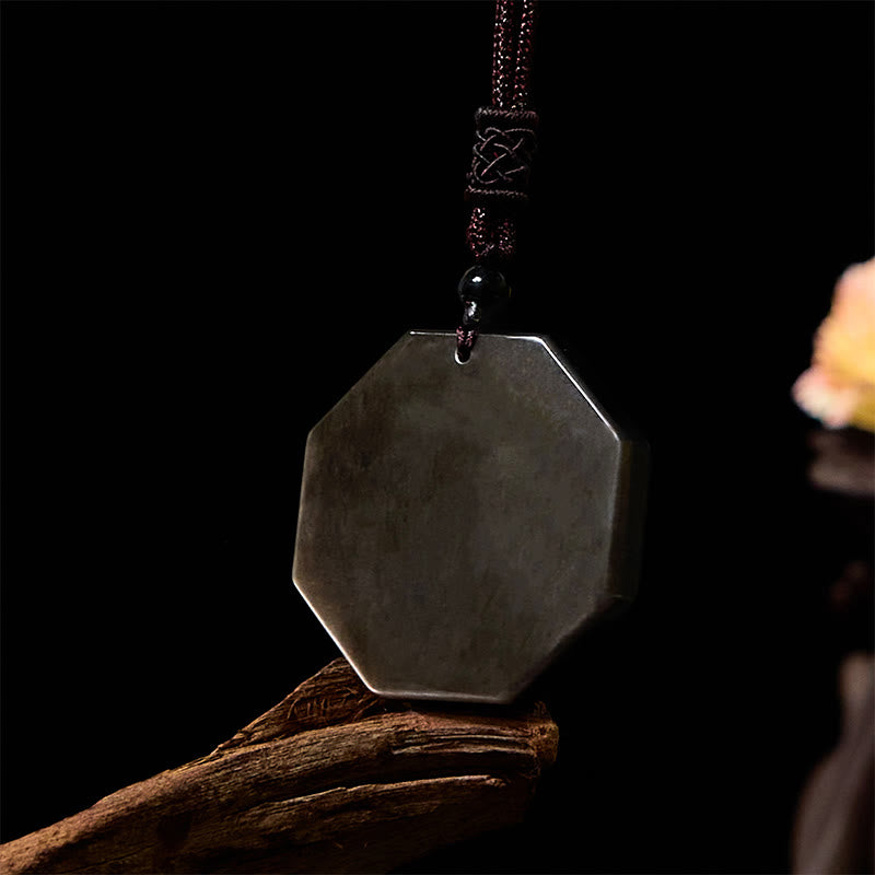 Schwarze Obsidian Kette mit achteckigem Bagua Anhänger Schutzstein