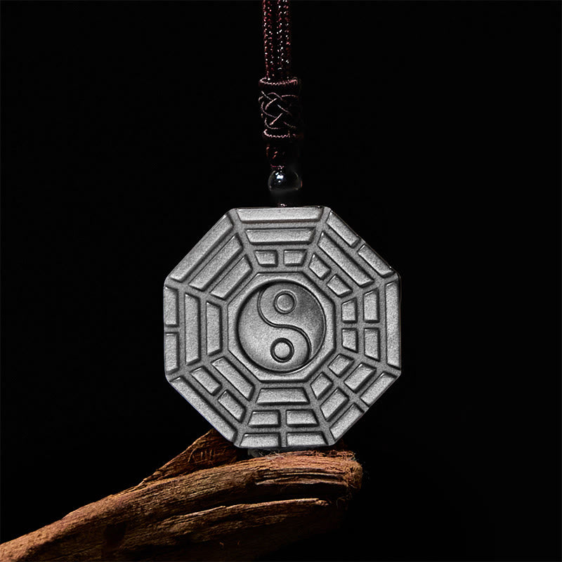 Obsidian Kette Bagua Yin Yang Anhänger silbern schwarzer Naturstein Schutz