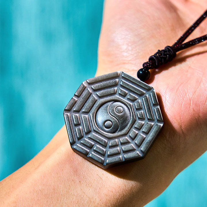 Schwarze Obsidian Bagua Kette Yin Yang Schutz Anhänger Naturstein Hand