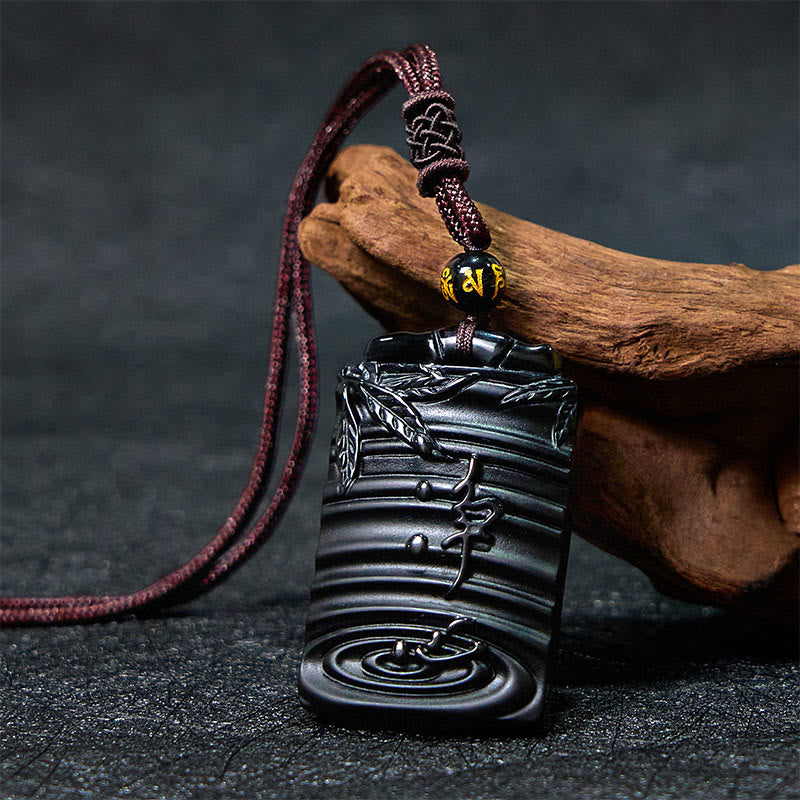 Schwarzer Obsidian Anhänger Kette mit asiatischem Design Naturstein