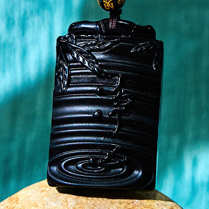 Schwarzer Obsidian Anhänger mit Bambus Motiv Stärke Symbol Kette