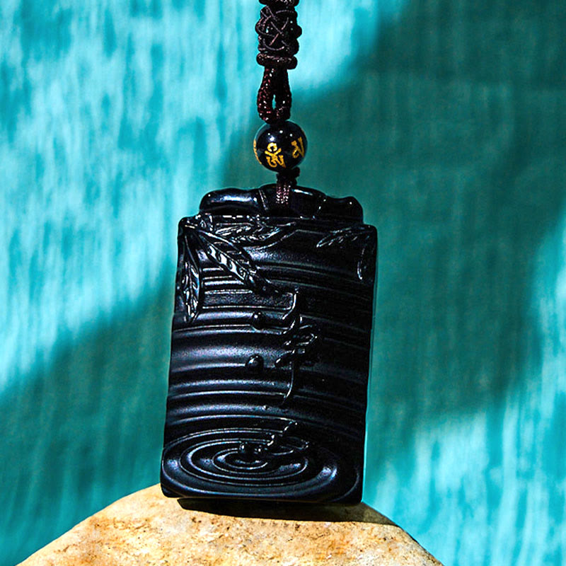 Schwarzer Obsidian Anhänger Kette Naturstein Bambus Symbol Stärke