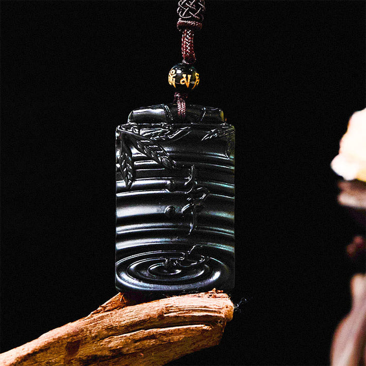 Schwarzer Obsidian Anhänger mit Bambus Motiv Kette Naturstein Stärke