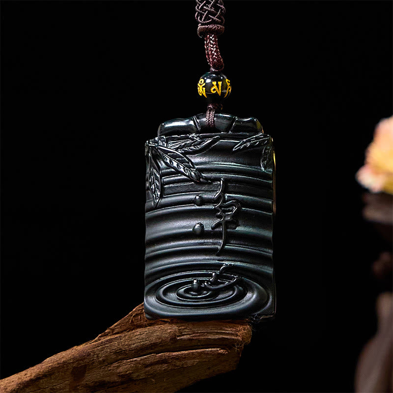 Schwarzer Obsidian Anhänger Kette mit Bambus Stärke Naturstein