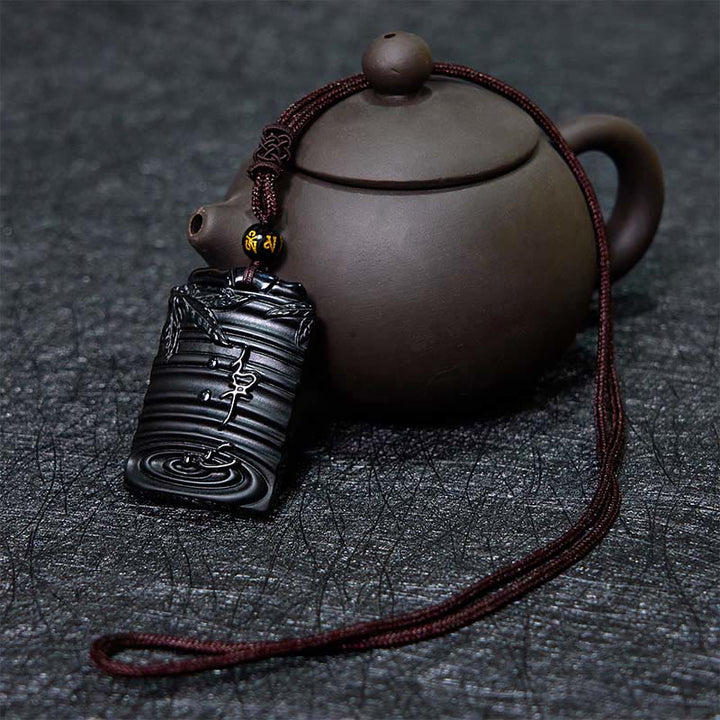 Schwarzer Obsidian Anhänger Kette mit Bambus Design Stärke Symbol