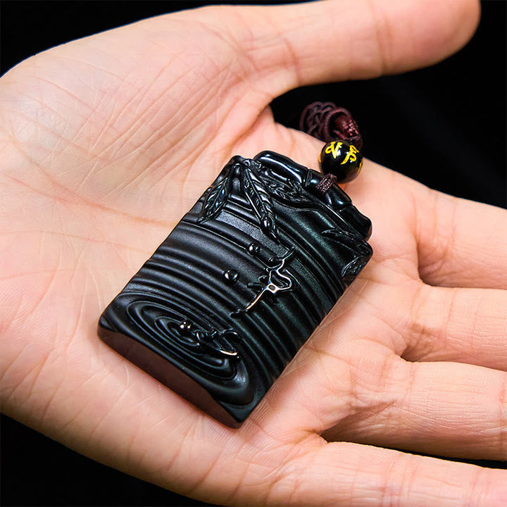 Schwarze Obsidian Kette Anhänger mit Bambus Symbol geschnitzt Stärke