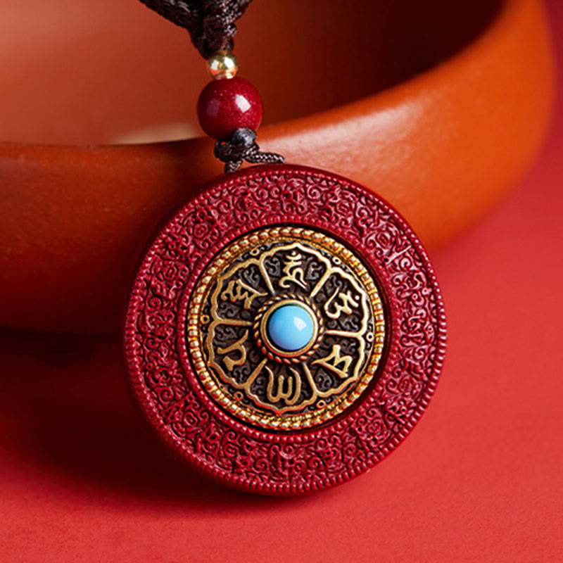 Rote Zinnober Kette mit drehbarem Anhänger blauer Stein Buddha Segen