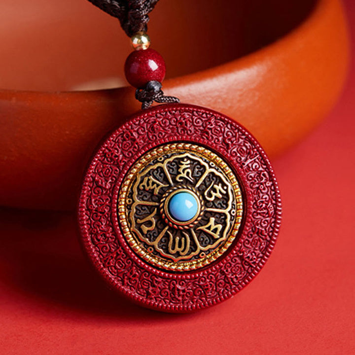 Rote Zinnober Kette mit drehbarem Anhänger blauer Stein Buddha Segen
