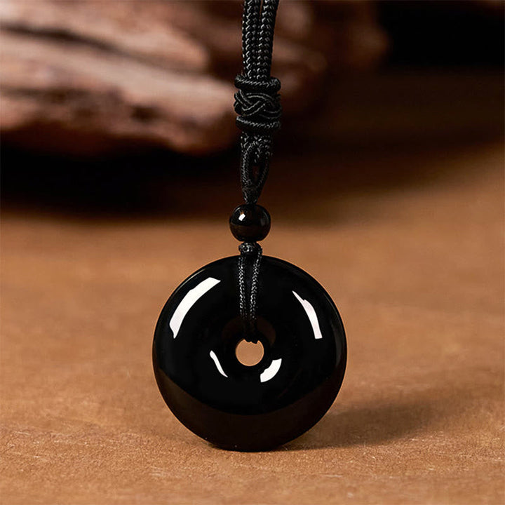 Schwarze Obsidian Kette Naturstein Anhänger Schnalle Stärke Frieden