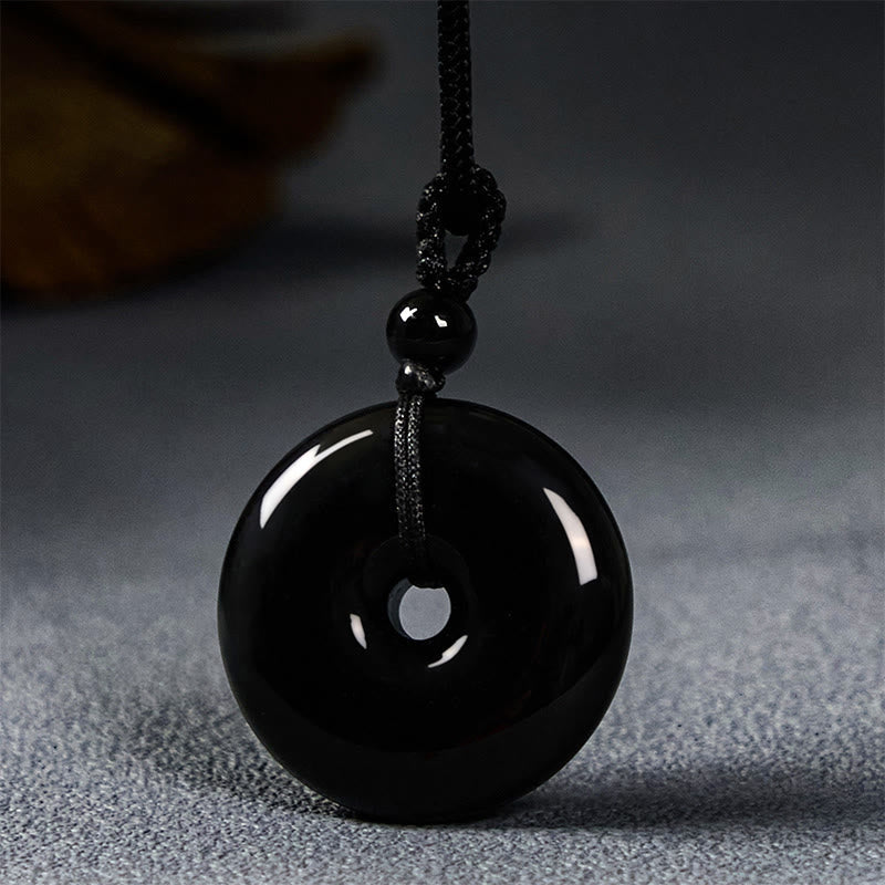 Schwarzer Obsidian Donut Kette Schnalle Anhänger Naturstein Stärke Frieden