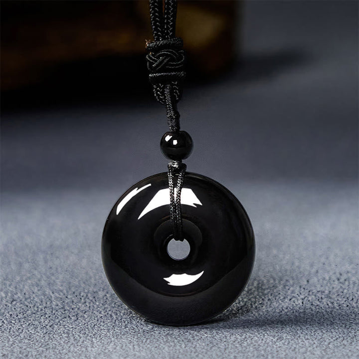 Schwarze Obsidian Donut Schnalle Kette Anhänger Naturstein Stärke