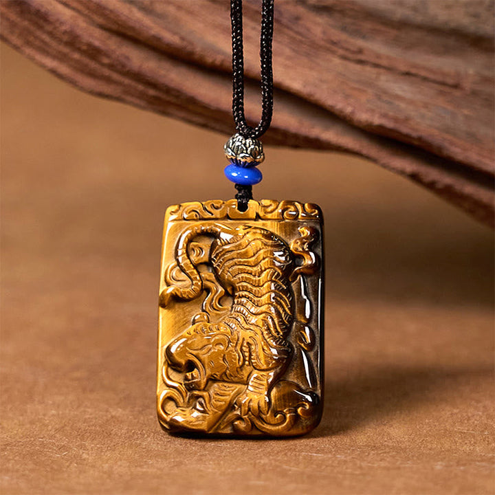 Goldfarbener Buddha Anhänger Kette Naturstein Tigerauge Blau Schutz Energie