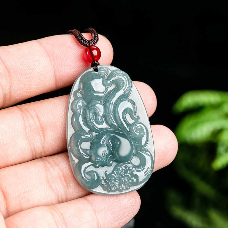 Jade Kette Neunschweifiger Fuchs Anhänger grüner Naturstein Glück Amulett