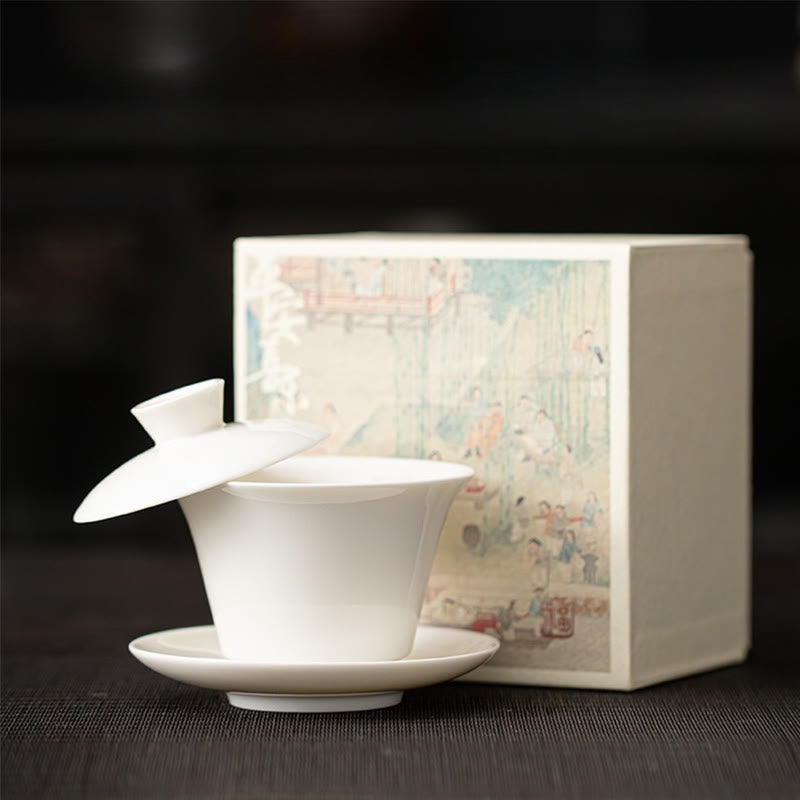 Chinesische Teetassen Drache Gaiwan Sancai Keramik Weiß (Geschenkbox)