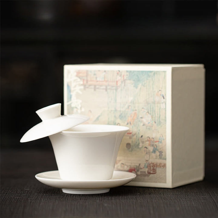 Chinesische Teetassen Drache Gaiwan Sancai Keramik Weiß (Geschenkbox)