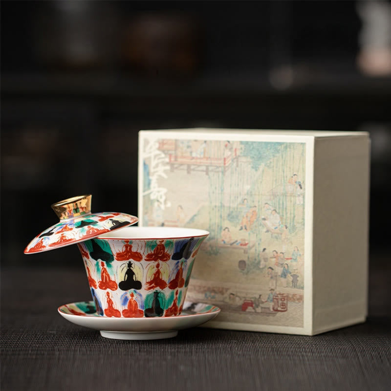 Chinesische Teetassen Drache Gaiwan Sancai Keramik Zehntausend Buddhas (Geschenkbox)