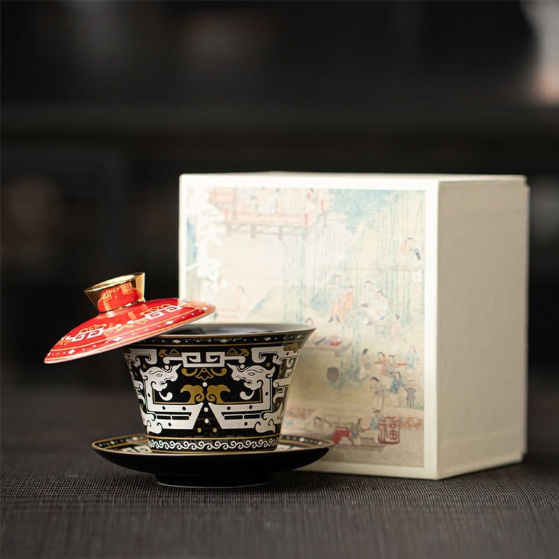 Chinesische Teetassen Drache Gaiwan Sancai Keramik Weiß-Schwarz Thangka (Geschenkbox)
