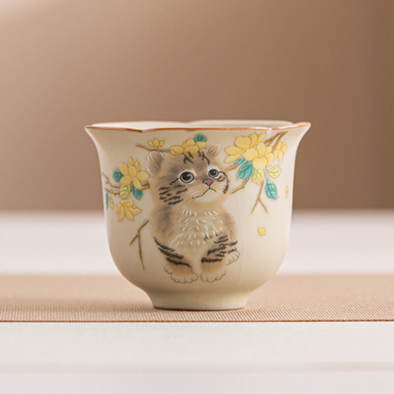 Japanische Teetasse Katze Blüten Hase Keramik Katze 55 ml
