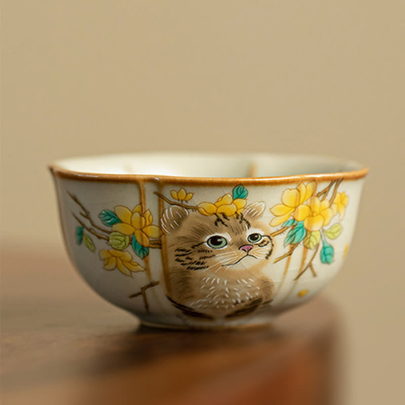 Japanische Teetasse Katze Blüten Hase Keramik Katze 50 ml