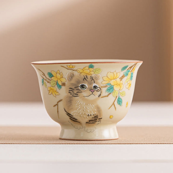 Japanische Teetasse Katze Blüten Hase Keramik Katze 70 ml