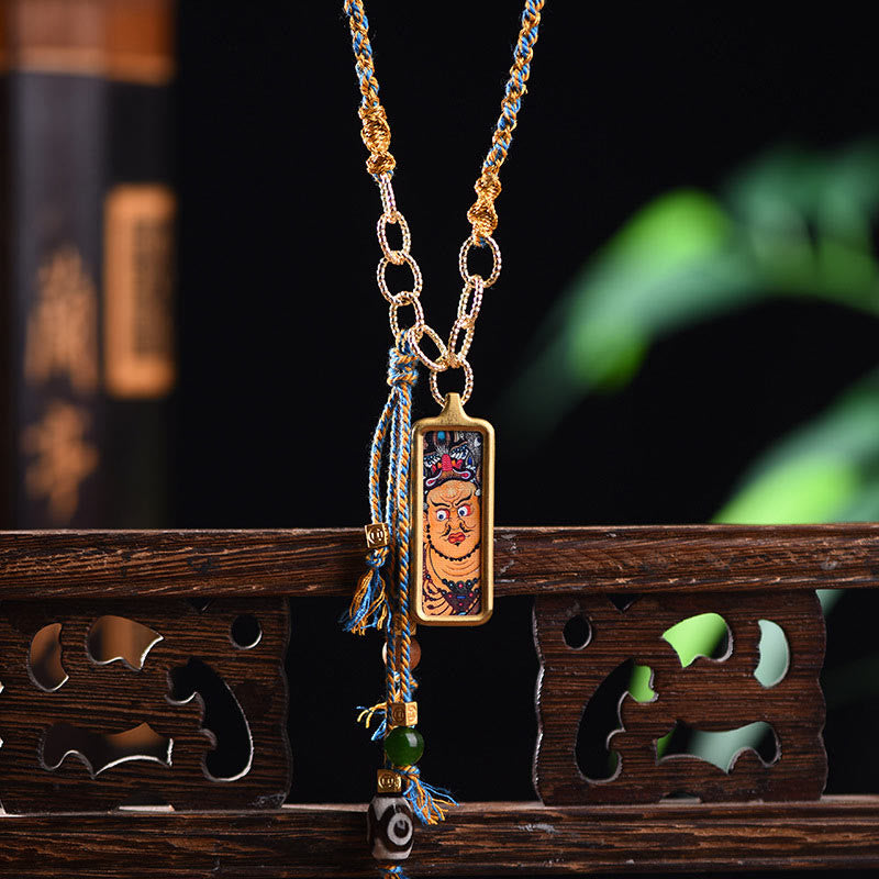 Goldener Anhänger Kette Tibet-Gott Des Wohlstands mit Emaille am Holz