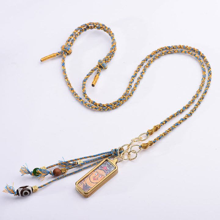 Blau-goldene Titanium Anhänger Kette mit Amulett Tibet-Gott Des Wohlstands