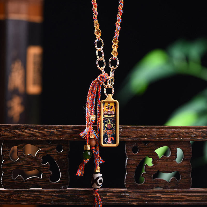 Bunte Kette mit Anhänger Titanium Tibet-Gott rot Holz schwarz