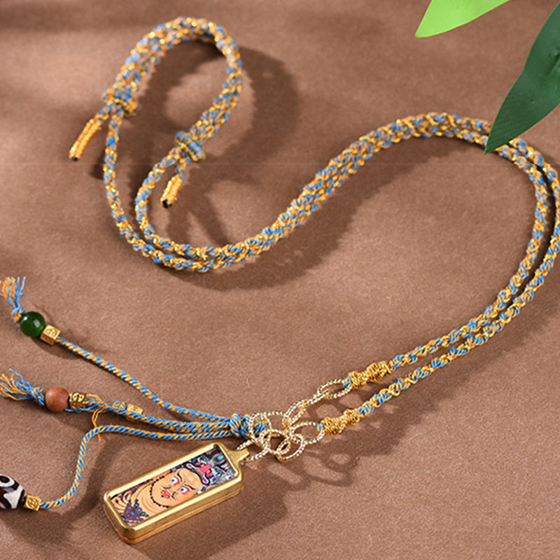 Goldene Tibet-Gott Anhänger Kette Titanium Blau Gelb Seidenband