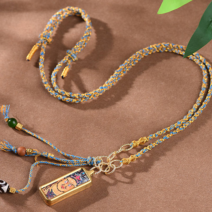 Goldene Tibet-Gott Anhänger Kette Titanium Blau Gelb Seidenband