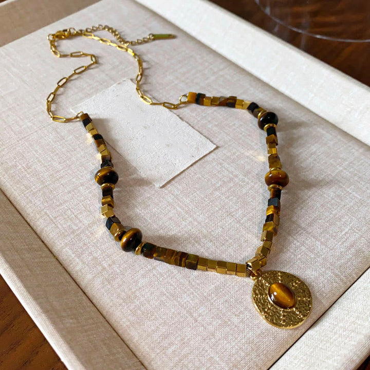 Tigerauge Anhänger Kette Quadrat Perlen Naturstein Schutz gold