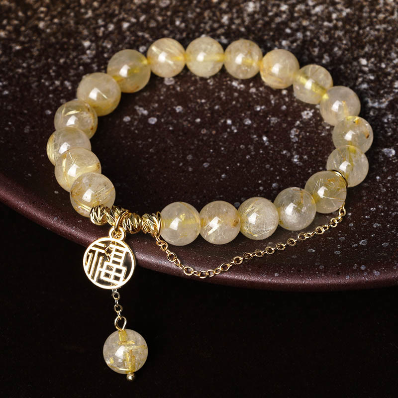 Armband Citrin Fu-Zeichen – Glück goldenes Charm elastisch Naturstein