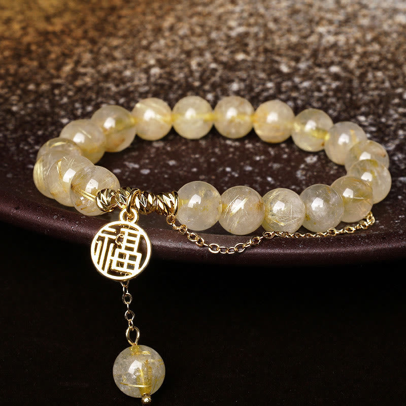 Citrin Armband mit Fu-Zeichen Charm, goldene Perlen Glück.