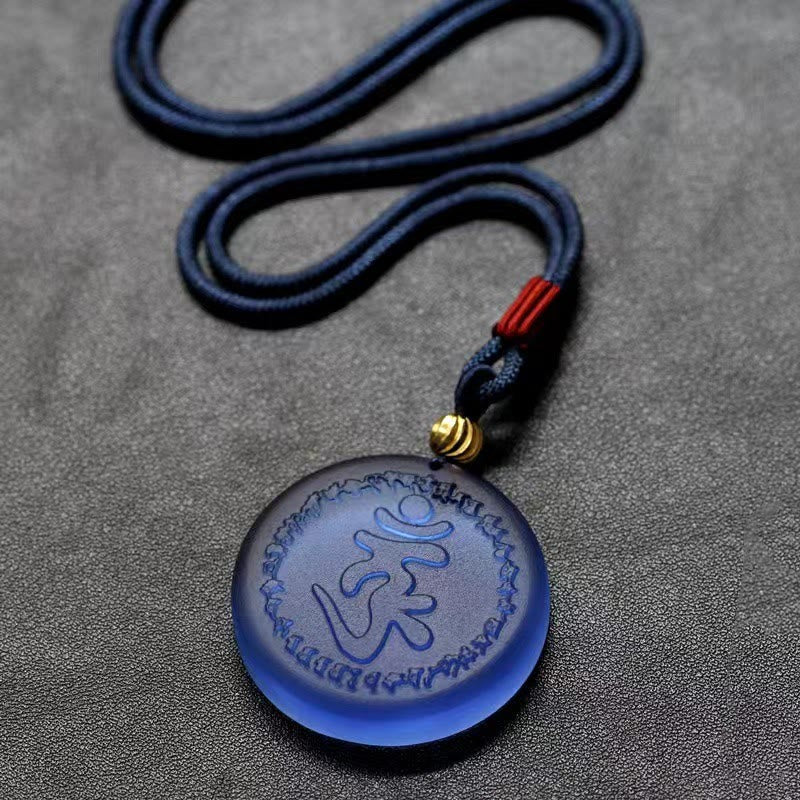 Blaue Liuli-Kristall Kette mit Om Symbol Anhänger Shurangama-Mantra Naturstein