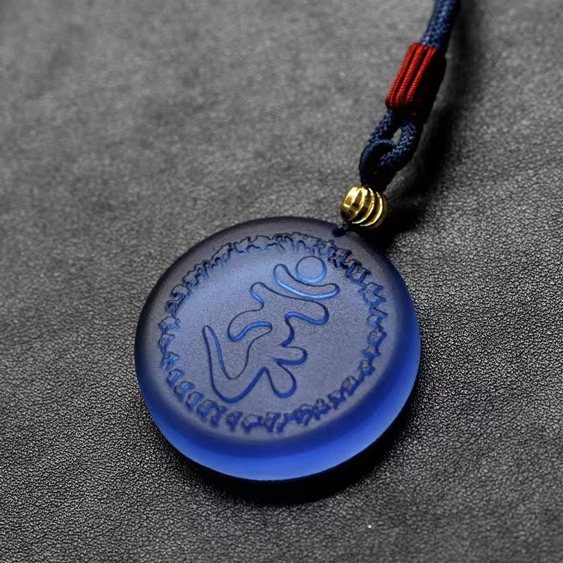 Blauer Liuli-Kristall Anhänger Kette mit Shurangama-Mantra Text graviert