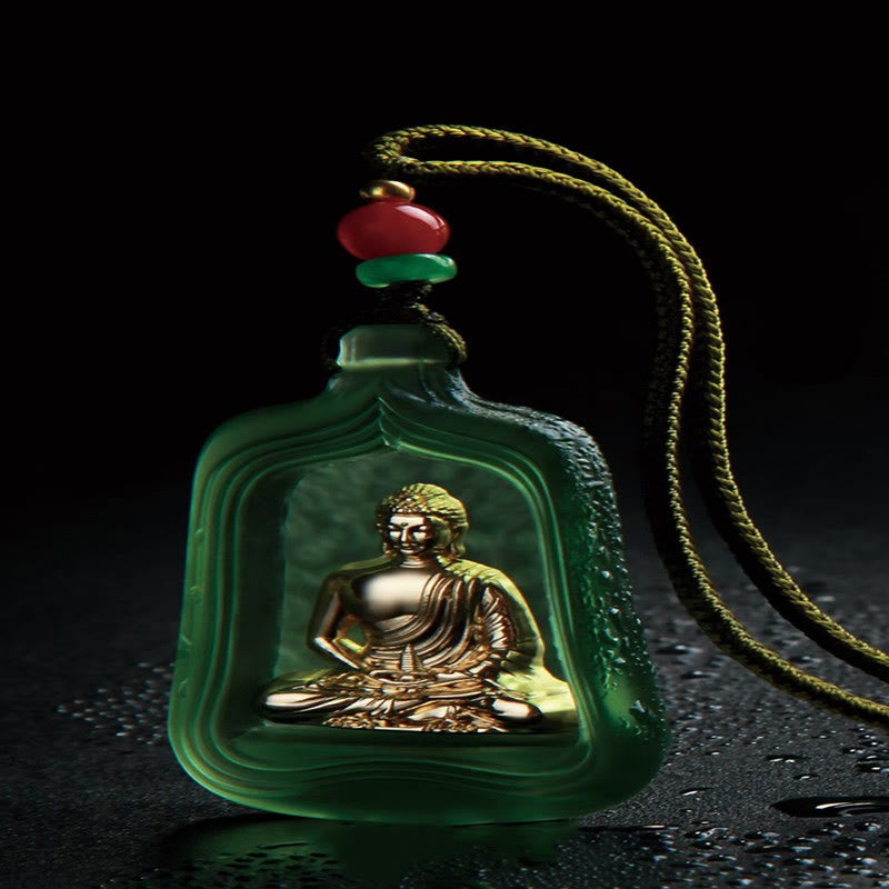 Grüne Liuli-Kristall Kette mit Medizin-Buddha Anhänger Goldschnur