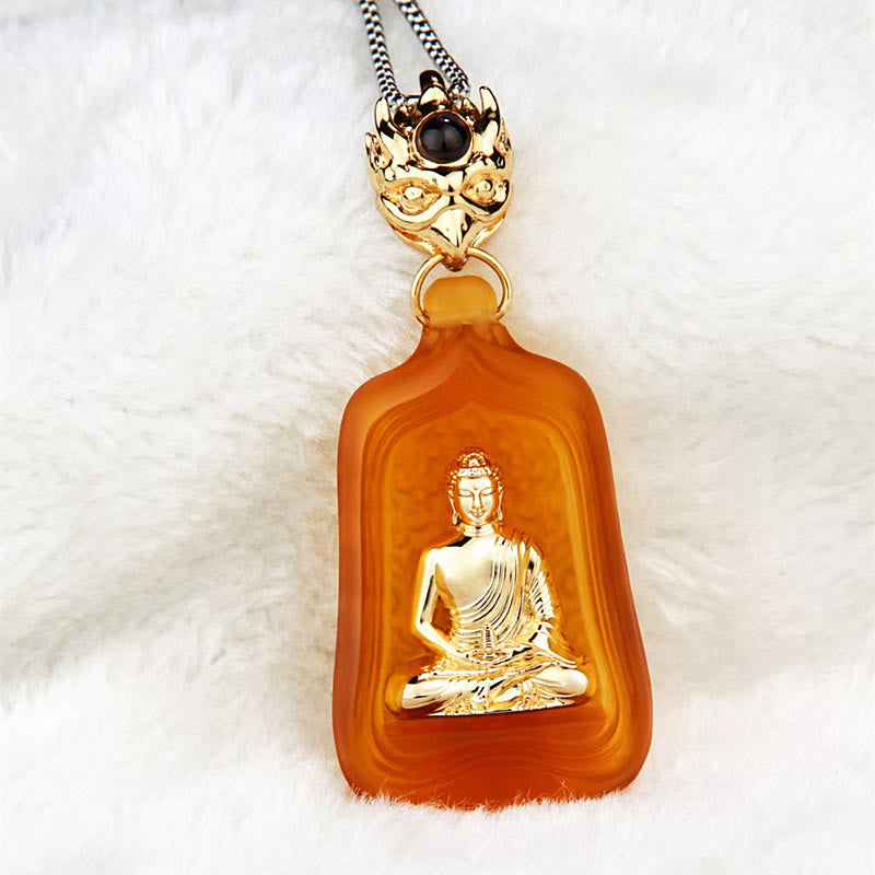 Oranger Liuli-Kristall Anhänger Medizin-Buddha Kette mit goldener Spitze